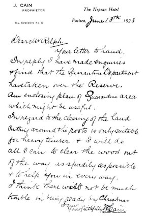 A 1923 letter from publican and land owner Mabel Cain to Portsea Golf Club founder Arthur Relph discussing the clearing of land. Published in the club’s 75th anniversary history book Within a Bull’s Roar.