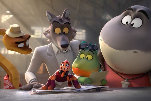 Snake (voiced by Marc Maron), Wolf (Sam Rockwell), Tarantula (Awkwafina), Piranha (Anthony Ramos) and Shark (Craig Robinson) in The Bad Guys 2.