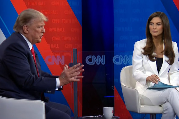 CNN host Kaitlan Collins and Donald Trump at a town hall broadcast in 2023.