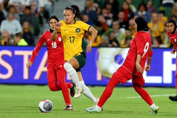 Amy Sayer in action against Iran in an AFC Olympic qualifier match.