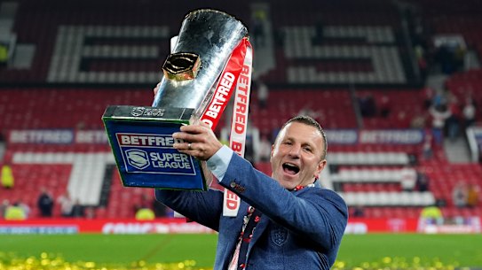 Willie Peters celebrates Super League premiership success.