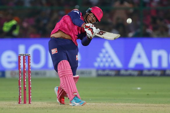 Vaibhav Suryavanshi hits a boundary during his record-breaking innings.