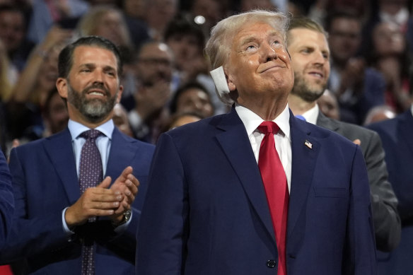 Donald Trump Jr and Eric Trump stand behind their father, Donald Trump, at the Republican National Convention.
