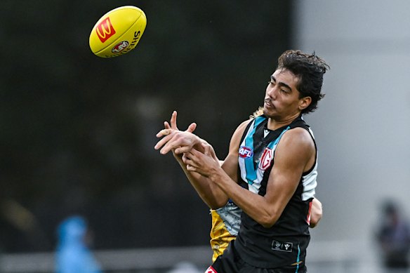Jase Burgoyne flies for the ball against West Coast on Sunday.