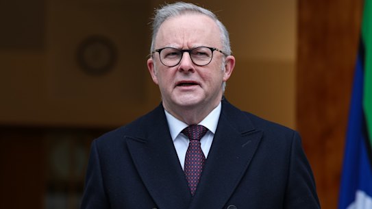 Prime Minister Anthony Albanese speaking to reporters at Parliament House, Canberra, on Friday morning.
