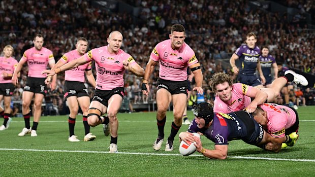 Harry Grant scores the opening try of the 2024 NRL grand final. It was all downhill from there for the Storm.