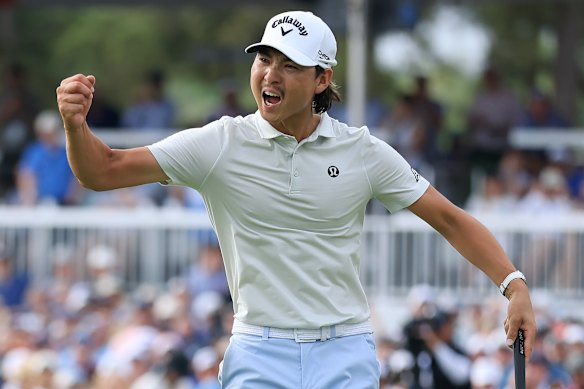 Min Woo Lee celebrates his first win on the US PGA Tour.