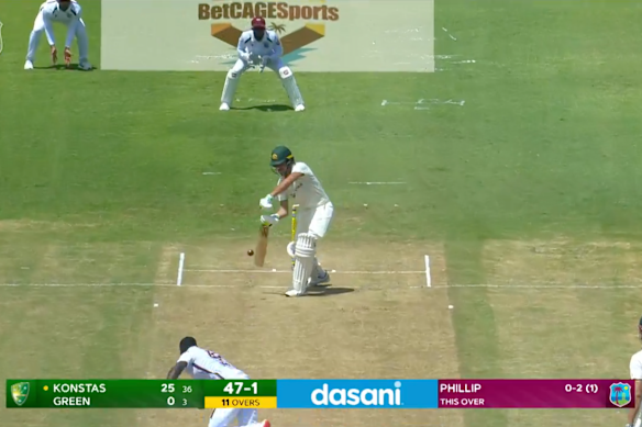 A freeze-frame of Konstas’ caught behind dismissal off the bowling of Anderson Phillip. 