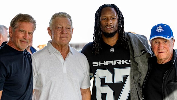 Roosters board member Mark Bouris, Bulldogs general manager Phil Gould, NFL legend Todd Gurley and Roosters chairman Nick Politis in Las Vegas.