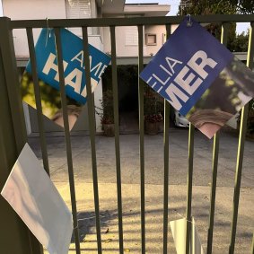 An Amelia Hamer corflute was allegedly destroyed on March 7 in Toorak in the federal seat of Kooyong.