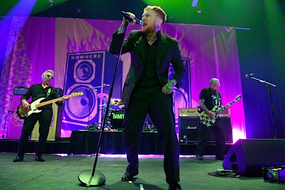 Glenn Matlock, Frank Carter and Steve Jones of The Sex Pistols perform on stage at Festival Hall on April 5, 2025.
