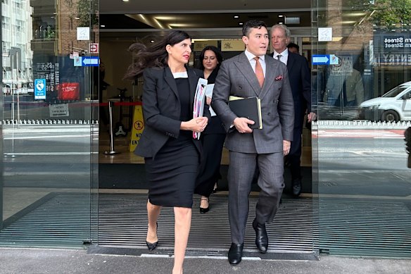 Alan Jones’ barrister Gabrielle Bashir, SC, and instructing solicitor Bryan Wrench leave John Maddison Tower on Thursday.