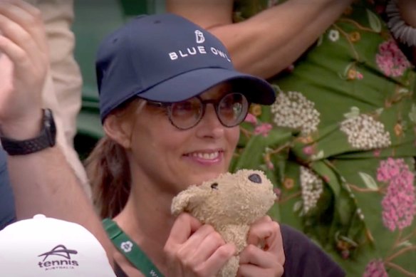 Joint’s mum Katja with ‘Doggy’ in the stands at Wimbledon. “I’ve had him since I was really little. I travel with him everywhere I go,” Joint said. “Every time that mum comes with me for a tournament, she takes him in the bag, so he can watch the match. But when I’m by myself, I don’t ask Chris [Mahony, her coach] to take ‘Doggy’. Maybe that’s why I’ve been losing? I need Chris to take ‘Doggy’.”