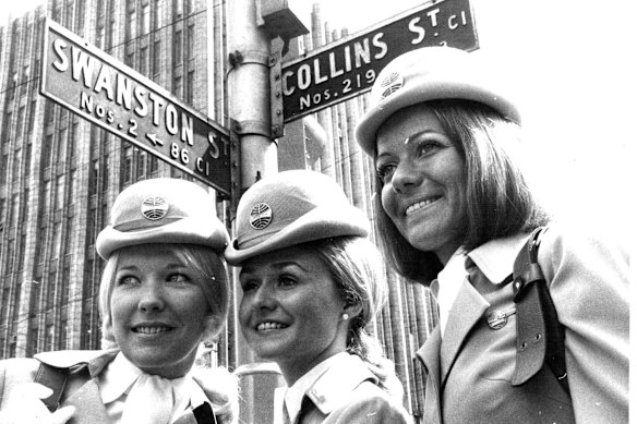 Pan Am flight attendants in Melbourne in 1970 on a promotional visit ahead of the arrival of the airline’s first 747 in Australia.