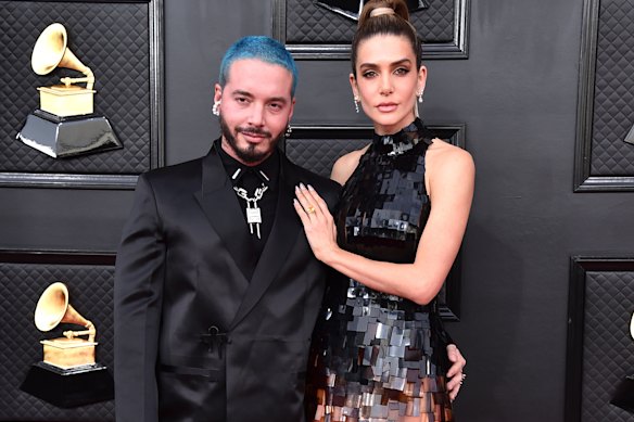 J Balvin, whose songs have garnered more than 23 billion views on YouTube, and Valentina Ferrer on the red carpet at the Grammy Awards. 