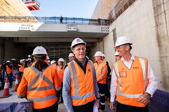 Premier Chris Minns (left) and Transport Minister John Graham visit the site of the terminal station on the Western Sydney Airport metro line in August.