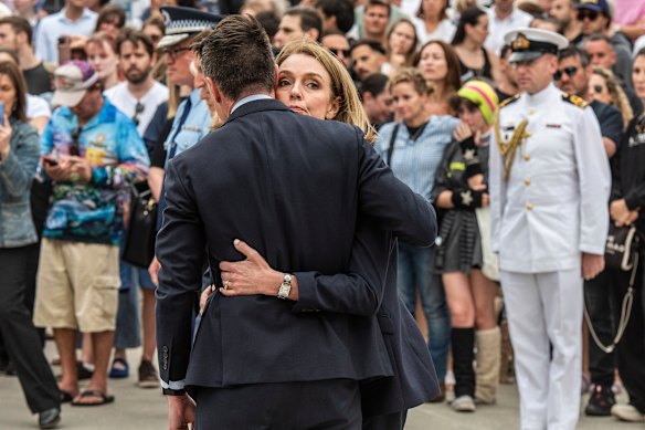 NSW Opposition Leader Kellie Sloane with Premier Chris Minns at a vigil after the Bondi massacre.