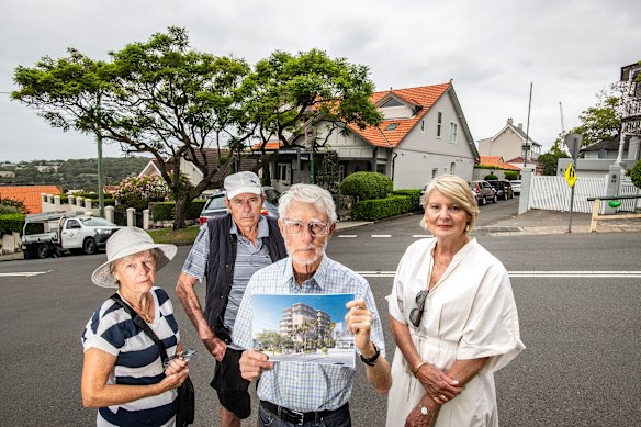Mosman residents Eve and John Bagnall, Bob Clark (centre) and Jill L’Estrange oppose the planned development in Almora Street.
