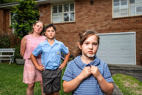 Debbie Levien with her children Oliver and Emilia, who have had a “stressful” week dealing with the uncertainty of changing catchments.