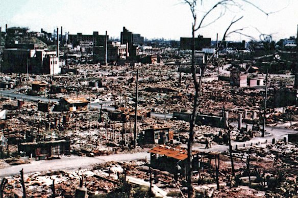 An aerial view of Hiroshima in March 1946, seven months after the “Little Boy” atomic bomb was dropped on the city by an American B-29 bomber.