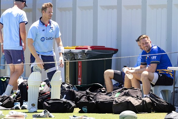 Steve Smith and Ollie Robinson at NSW Blues training ahead of Monday’s Sheffield Shield clash against Victoria. 