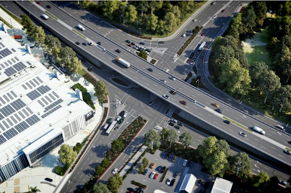 A render of the new design for the $200 million upgrade to the notorious DFO roundabout at Homebush.