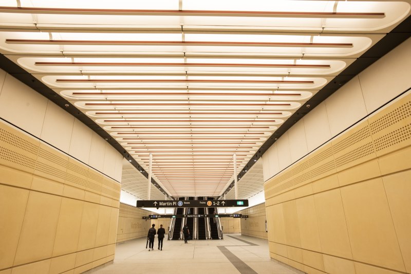 Walk this way: red detailing in the ceiling at the JPW and Grimshaw-designed Martin Place Metro Station guides commuters towards the city centre.