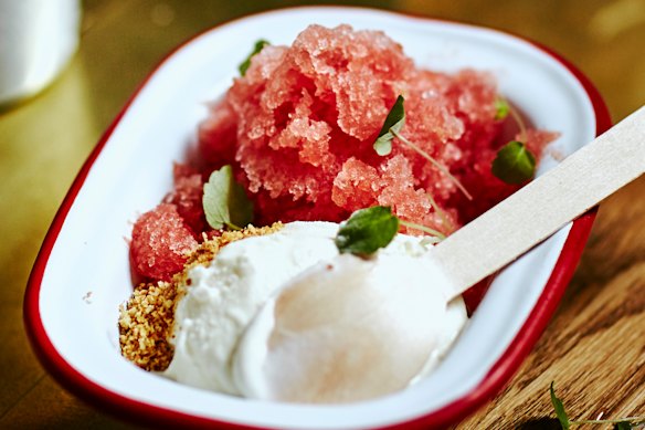 Watermelon and mint granita, gin and lime ice-cream, ginger biscuit.
