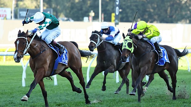 Via Sistina and Kerrin McEvoy charge home in the 2024 Winx Stakes, the jockey’s last group 1 win.