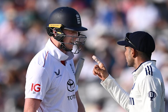 English batsman Zak Crawley and India captain Shubman Gill exchange words at Lord’s Cricket Ground.