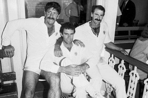 ‘Special bond’: Lillee (right) with Greg Chappell (centre) and Rod Marsh after their last Test for Australia, against Pakistan at the SCG in 1984.