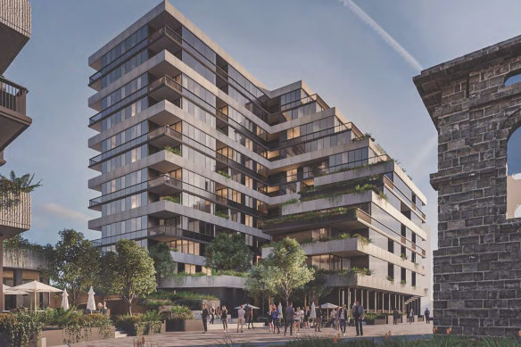 Renders of Shayher Group’s projected  plans caller   residential towers connected  Champ Street down  Pentridge’s Historic bluestone walls.