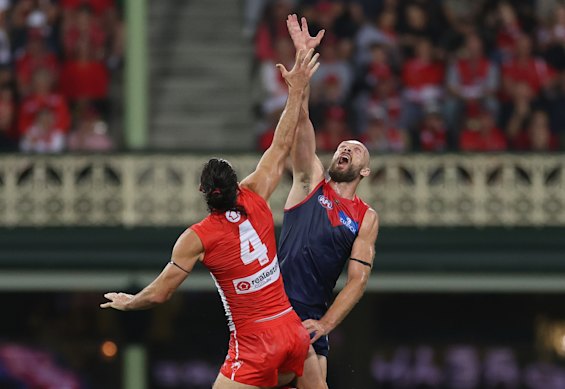 Sydney’s Brodie Grundy and Melbourne’s Max Gawn do battle in the ruck.