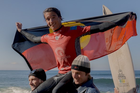 Landen Smales after winning at the 2024 Australian Indigenous Surfing Titles.