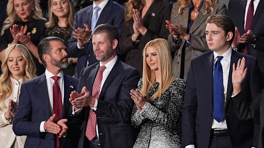 (Front row, L/R) Tiffany Trump, Donald Trump Jr., Eric Trump, Ivanka Trump, Barron Trump and First lady Melania Trump arrive.