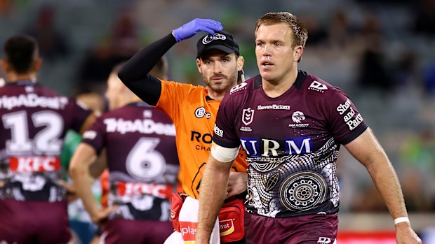 Jake Trbojevic after suffering his third serious concussion of 2025 against Canberra.