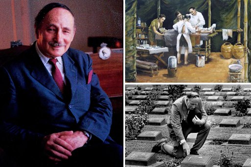  depicted in Jack Chalker’s 1946 painting performing surgery in Chungkai hospital camp; visiting the Commonwealth war cemetery, in Kanchanaburi, Thailand, on Anzac Day in 1991.