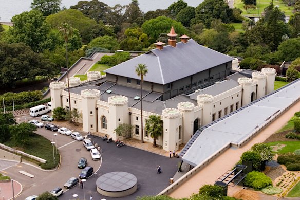 Nicknamed the Castle, the stables built by convict architect Francis Greenway were very grand – turrets for horses. This aerial view of the Sydney Conservatorium of Music shows the site, yet much of the new wing is hidden underground. 