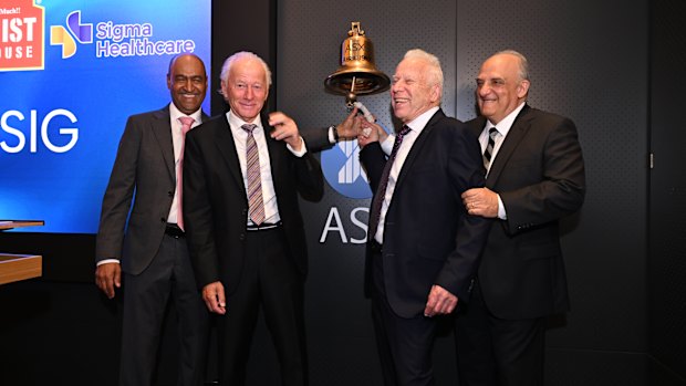  Sigma Healthcare chief executive Vikesh Ramsunder with Chemist Warehouse founders Sam Gance, Jack Gance and Mario Verrocchi celebrating the company’s ASX debut in February.