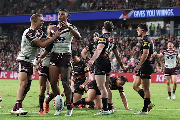 The Sea Eagles celebrate Haumole Olakau’atu’s try as Penrith slumped to 2-6 in 2025.