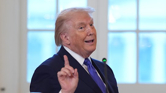 President Donald Trump talks about the White House ballroom construction as he arrives for a meeting with oil executives in January this year. 