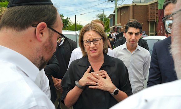 Victorian Premier Jacinta Allan outside the Adass Israel synagogue after it was destroyed in December 2024.