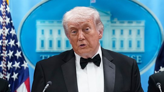 President Donald Trump speaking after the shooting at the annual White House Correspondents’ Association dinner in Washington.
