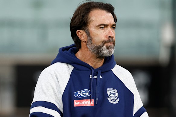 Geelong coach Chris Scott is also the chief of leadership and performance at Morris Finance, and wears the company’s logo on game days.