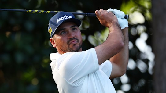 Jason Day drives at Augusta in 2024.