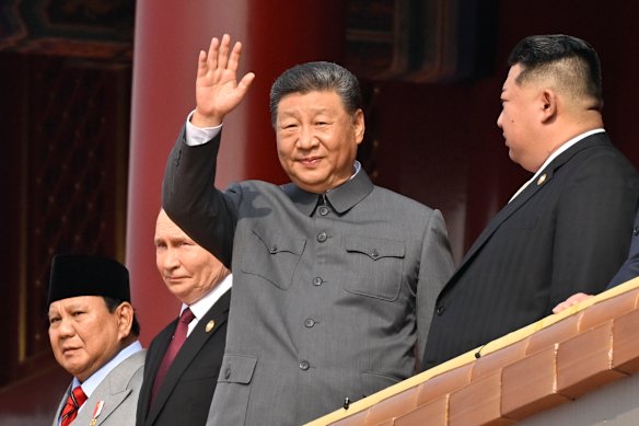 Chinese President Xi Jinping, flanked by North Korean leader Kim Jong-un (right) and Russia&rsquo;s Vladimir Putin and Indonesian President Prabowo Subianto (far left), presides over a massive military parade in Beijing in September.