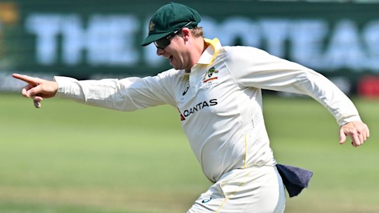 Steve Smith celebrates one of his catches on day 3.