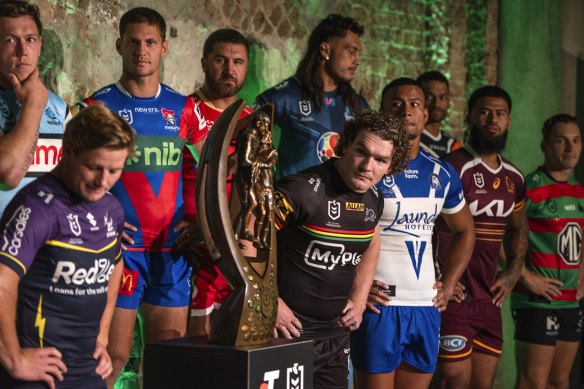 Eyes on the prize: Penrith’s Liam Martin checks out the Provan Summons Trophy on Monday.