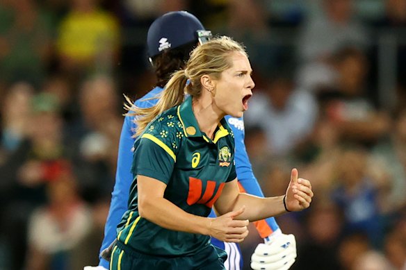 Sophie Molineux of Australia celebrates taking a wicket.