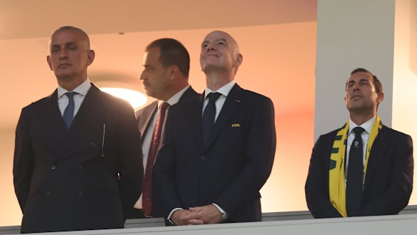 FIFA president Gianni Infantino and Football Australia chairman Anter Isaac (right) at the Socceroos v Turkey match at the World Cup.